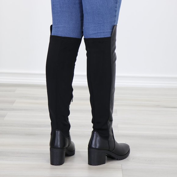 Black Over The Knee Boot Chunky Lug Heel Faux Dual Leather And Stretchy Material - Picture 5 of 15